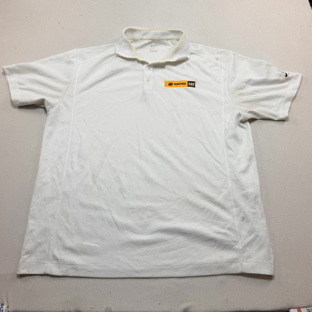 Nike Polo Shirt Mens Extra Large White Fair Wagner CAT Logo Short Sleeve Golf